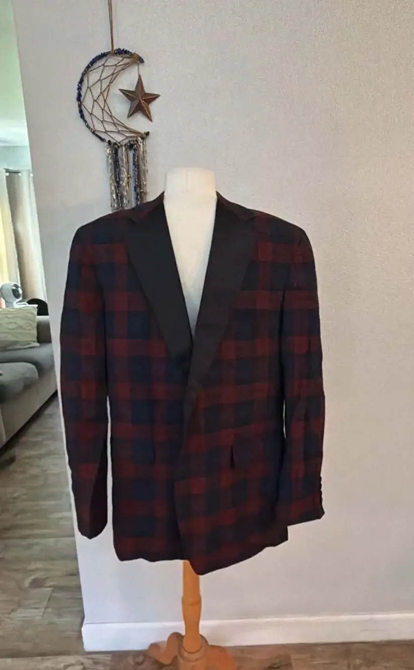 Nordstrom Plaid Tuxedo Dinner Jacket Burgundy Black Satin Shawl Collar